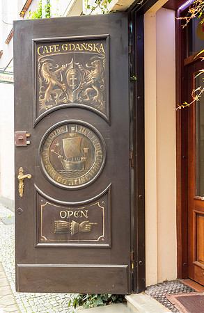 The door to Cafe Gdansk, Lech Walesa's favorite restaurant. Excellent food!