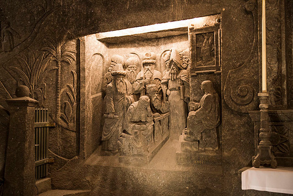 one of the Bas-relief carvings in the salt walls of the mine