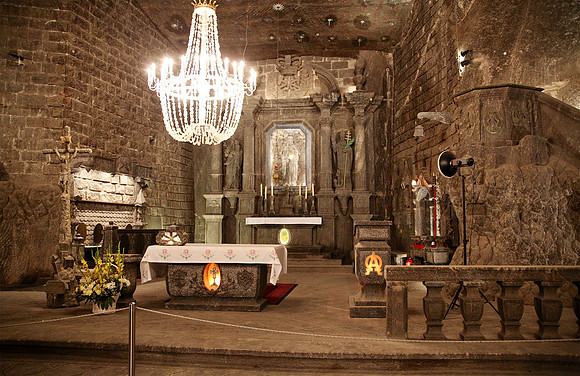The Chapel of St. Kinga was carved out of salt 331 ft deep in the Wieliczka Salt Mine.