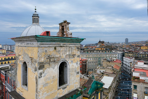 The bell tower & dome of the Church of Ave Maria Grazie Plena, across from our hotel.