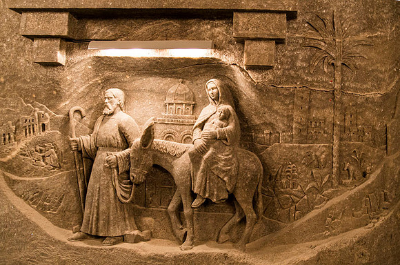 The sculptures and bas-reliefs were carved by miners, completely from rock salt.